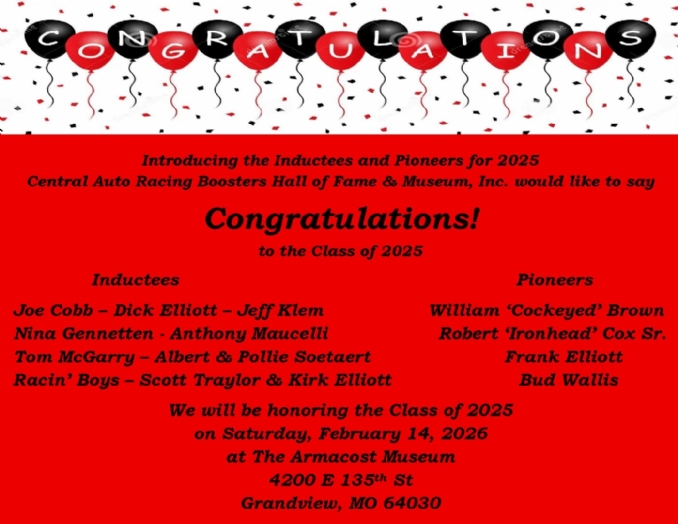 Announcing the 2025 Central Auto Racing Boosters Hall of Fame and Museum, Inc. Inductees