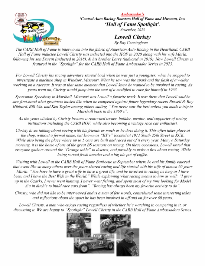 Hall of Fame Spotlight Lowell Christy